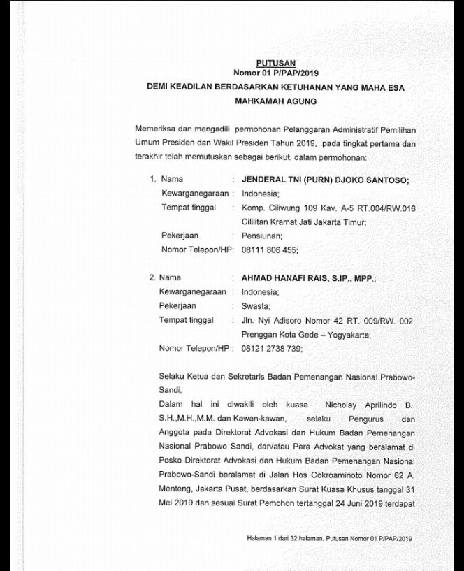 
					Mahkamah Agung Tolak gugatan Tim BPN Prabowo-Sandi