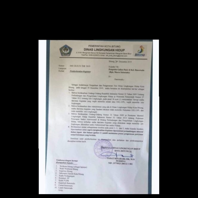 
					DLH Bitung Keluarkan Surat Pemberhentian Penambangan Pasir Ilegal