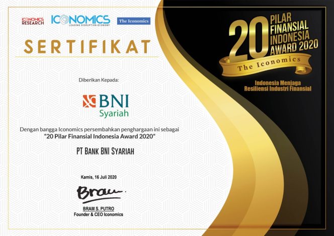 
					BNI Syariah Raih Penghargaan 20 Pilar Finansial Indonesia Award 2020 dari The Iconomics