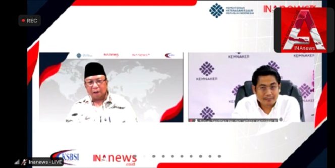 
					Sekjend DEN KSBSI, Dedi Hardianto dan SesDitJend Pembinaan Hubungan Industrial dan jaminan Sosial Tenaga Kerja  Kemnaker, Surya Lukita.