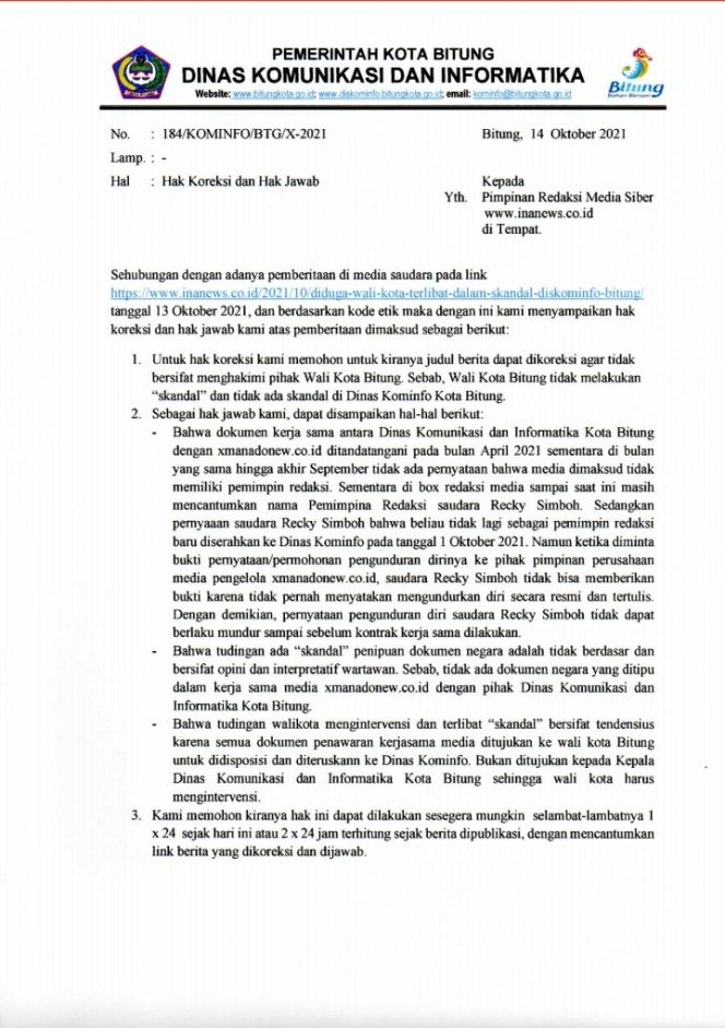 
					Hak Koreksi dan Hak Jawab Terkait Berita Diduga Wali Kota Terlibat Dalam Skandal Diskominfo Bitung