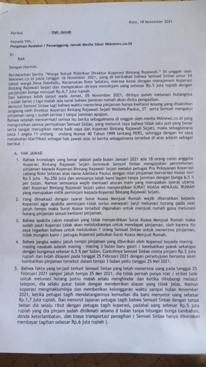 
					Klarifikasi dan Hak Jawab Wellem Paulus Terkait Pemberitaan Warga Rotsel Polisikan Direktur Koperasi Rajawali