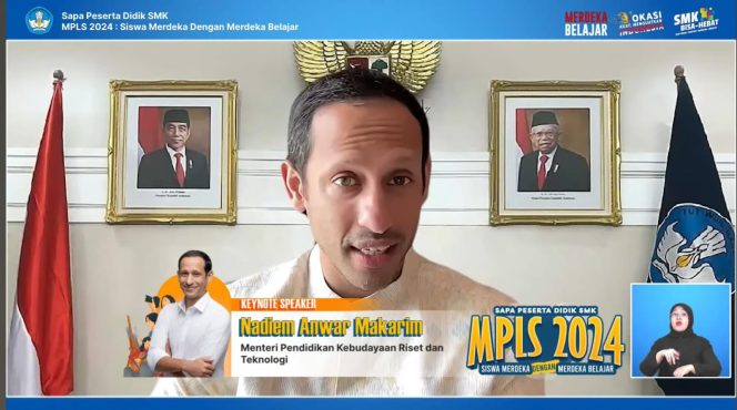 
					Foto: Mendikbudristek Nadiem Makarim saat di Sapa Peserta Didik SMK se-Indonesia dalam rangka Masa Pengenalan Lingkungan Sekolah, dok. istimewa