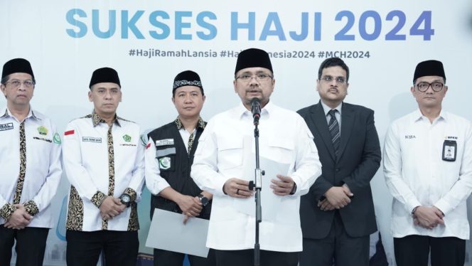 
					Foto: Menteri Agama Yaqut Cholil Qoumas saat menutup masa operasional penyelenggaraan ibadah haji 1445 H/2024 M di Asrama Haji, Pondok Gede, kemarin, Kamis (25/7/2024), dok. istimewa