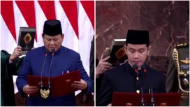 Foto: Prabowo-Gibran mengucapkan sumpah di Sidang Paripurna Pelantikan Presiden dan Wakil Presiden Terpilih 2024-2029, Ahad (20/10/2024)/tangkapan layar