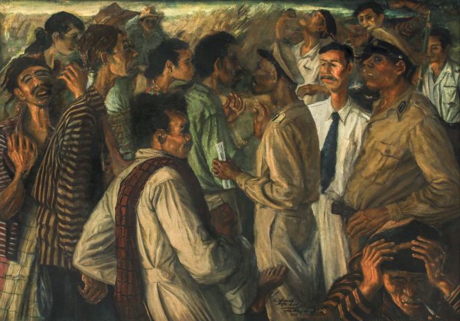 
					Lukisan karya Harijadi Sumadidjaja berjudul People and Taxes (Rakdjat dan Padjak), 1956 Oil on canvas: 175 x 250 cm (foto : dok)