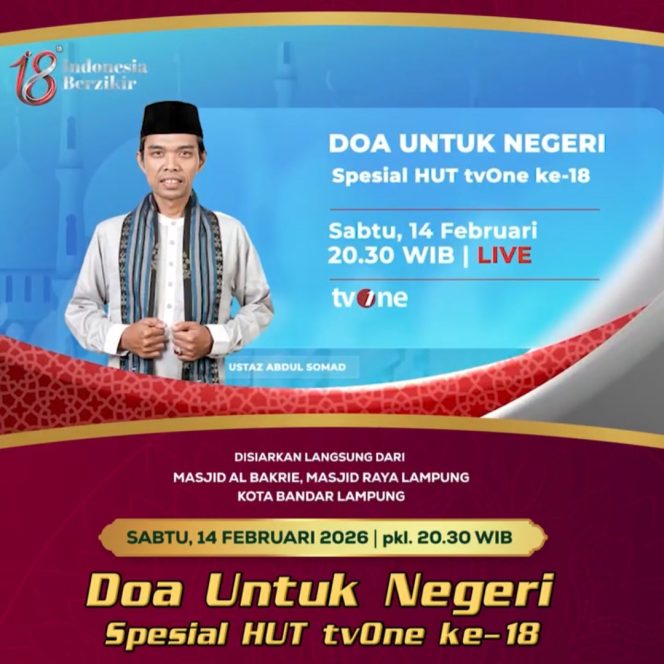 
					Rayakan 18 Tahun tvOne Hadirkan Dialog Kebangsaan dan Special Event “Menyalakan Harapan, Menatap Masa Depan”, serta Damai Indonesiaku Special, Doa Untuk Negeri, Bersama Ustd Abdul Somad